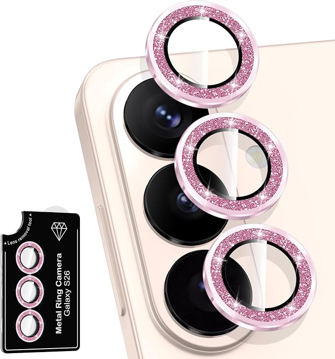 for Samsung Galaxy S26 Camera Lens Protector, Individual Metal Ring Tempered Glass Lens Cover, [Strong Adsorption] Scratch Resistant Ultra-Thin HD Clear Lens Cover, 1 Set-Pink Sparkly by Btscase