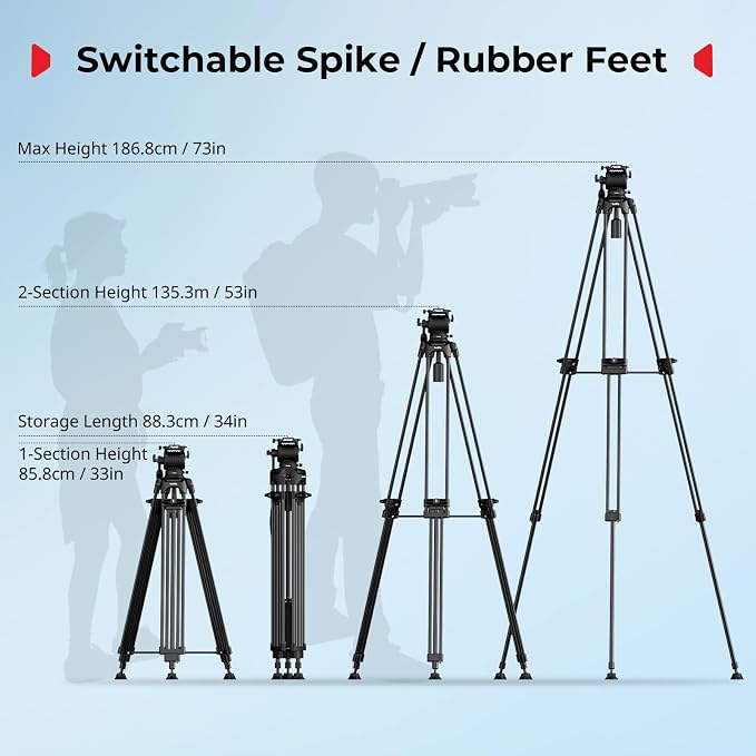 SmallRig FreeSpeed Heavy Duty Video Tripod, 74" Camera Tripod with 360° Fluid Head for Manfrotto Plate, One-Knob Quick Extend, 75mm Bowl, Load up 17.64lb for DSLR Mirrorless Camera, Camcorder- FSD14 - Image 5