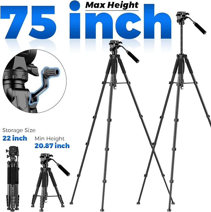 VICTIV 75” Camera Tripod, Tripod for Video Camera with Carry Bag, Black | Heavy Duty Tripod for Camera and Phone with Phone Holder and Remote, Compatible with DSLR, Spotting Scopes, Camcorder, GoPro - Image 4