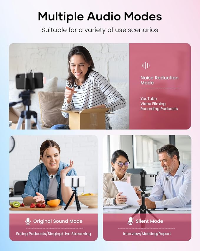 Wireless Lavalier Microphone for iPhone iPad Android with Charging Case 80h Battery Life, Noise Cancellation, 164ft Range Plug-Play Clip On Lapel Mic for YouTube, Video Recording, Vlog (Pink) - Image 3