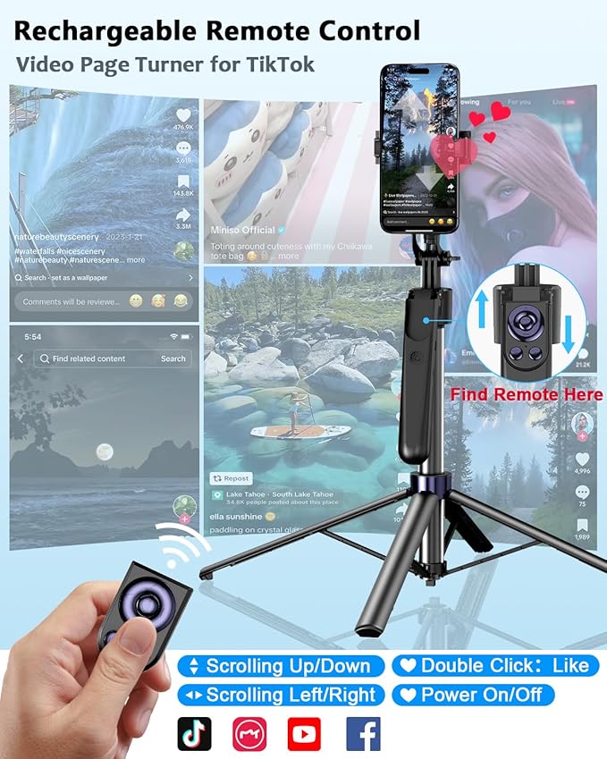 Vlogging Kit for iPhone/Android, 63”Auto Face Tracking Tripod for iPhone with Light, Wireless Microphones, Scrolling Remote Control for TikTok, Content Creator Kit for YouTube Starter - Image 4