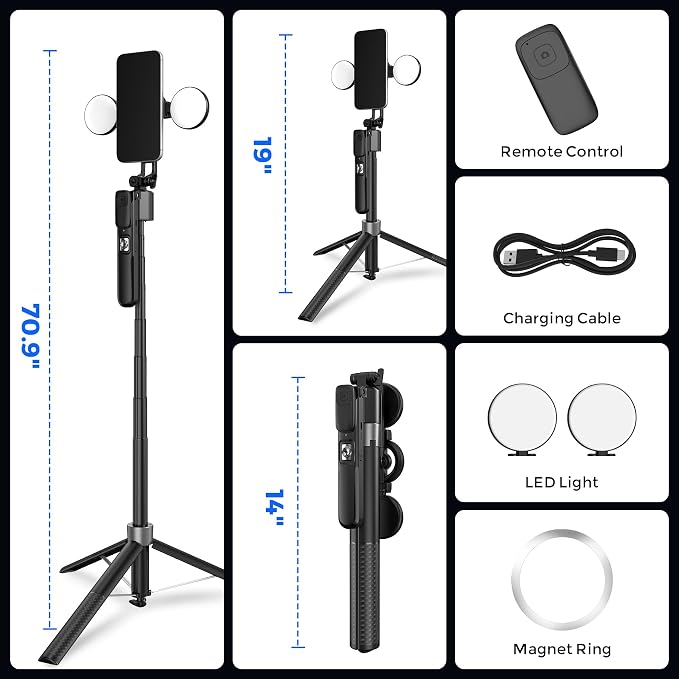 Magnetic Phone Tripod with Light for iPhone MagSafe 70.9'' Auto Face Tracking Selfie Stick with Remote, Portable 360°Tracking Stand that Follows Your Movement for Video Recording, Travel, Vlogging - Image 9