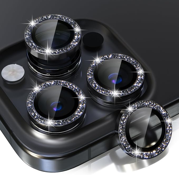 Choiche for iPhone 15 Pro/iPhone 15 Pro Max Camera Lens Protector | Ultra HD, Bling 9H Tempered Glass Camera Cover Screen Protector Metal Ring Decoration Accessories (Glitter-Black) by Choiche