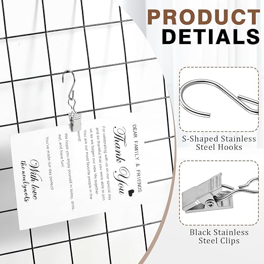 Frienda 25 Pcs Grid Wall Hooks Stainless Steel S Hooks Clips Gridwall Shelf Accessories for Hanging Outside String Lights Picture Photos Drying Clothes Garage Display Retail Art Craft (Silver) - Image 3