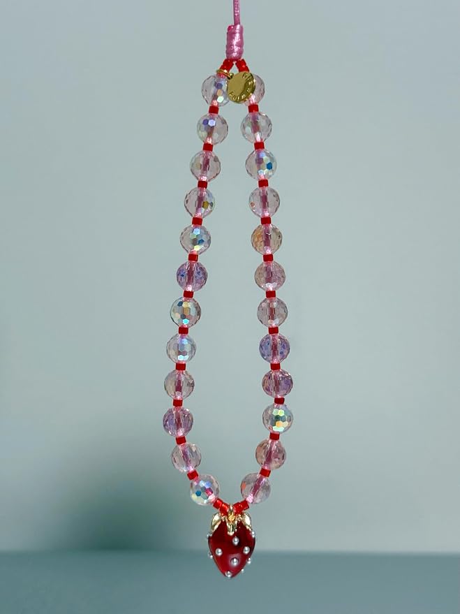 Drawwind Phone Charm Beaded Wristlet Strap Universal Cell Phone Lanyard Cute Bracelet Wrist Strap Beaded Chain String Handmade Accessories for Case Camera Bags (Red Strawberry) - Image 4