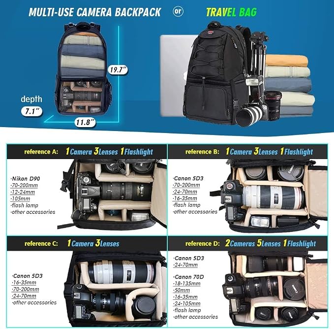 Waterproof DSLR Camera Backpack with 17" Laptop Compartment, Rain Cover | Fits Nikon Canon Sony Pentax DSLR/SLR Cameras, Tripod Holder, Padded Dividers, Large Capacity, Ideal for Outdoor Travel - Image 5