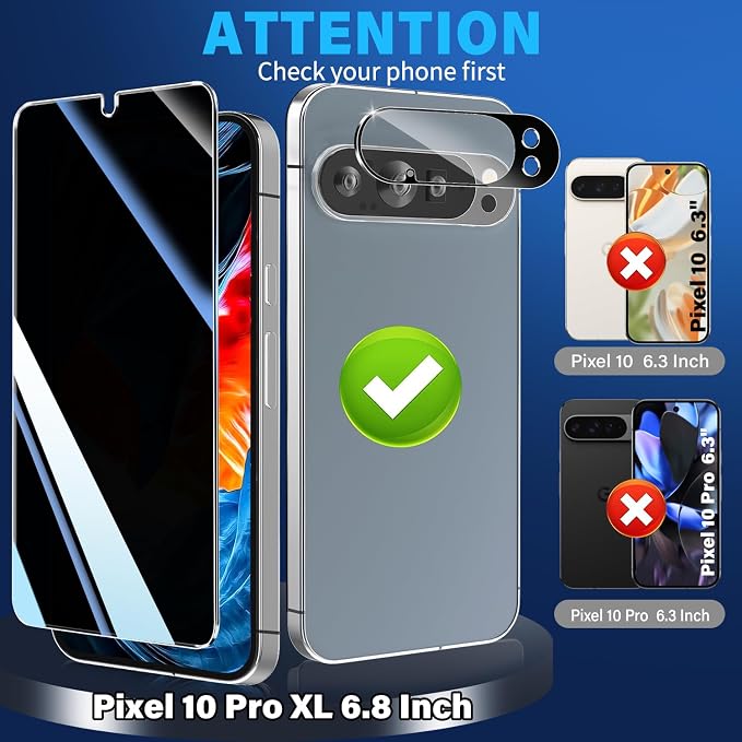 3 Pack Privacy Screen Protector for Google Pixel 10 Pro XL Tempered Glass + 2 Pack Camera Lens Protector, True 25°Anti Spy, 9H+ Hardness, Fingerprint Unlock, Case Friendly Bubble-Free 6.8 Inch - Image 3
