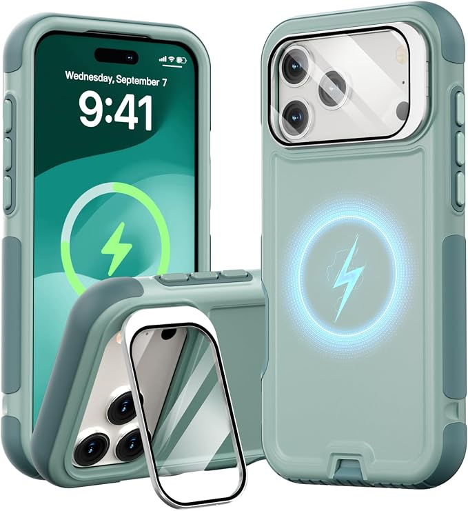 Follaroma Magnetic for iPhone 17 Pro Max Case with Camera Cover Stand,Green | Built-in Glass Camera Cover Stand,Compatible with MagSafe,Heavy Duty Shockproof Protective,Military-Grade Anti-DropDual Case by Follaroma