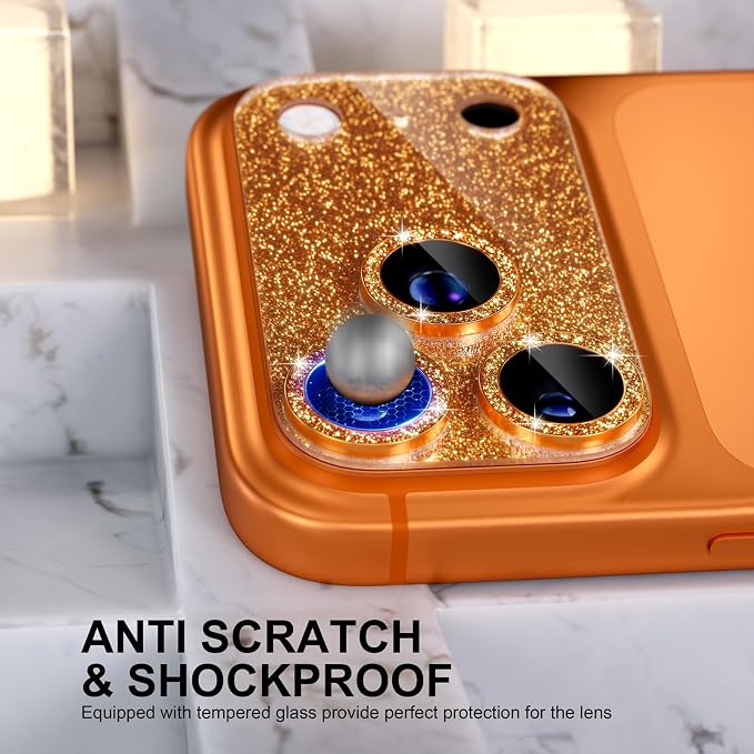 Choiche for iPhone 17 Pro Camera Lens Protector, Glitter-Orange | Bling Metal Camera Cover with 9H Tempered Glass Lens Screen Protector Accessories, Strong Adsorption, Case-Friendly, 6.3-inch - Image 3