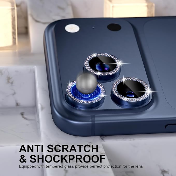 Choiche for iPhone 17 Pro/iPhone 17 Pro Max Camera Lens Protector | Ultra HD, Bling 9H Tempered Glass Camera Cover Screen Protector Metal Ring Decoration Accessories (Diamond-Blue) - Image 3