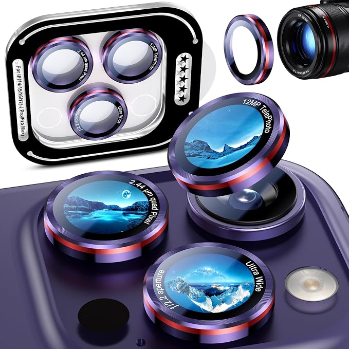 Uyiton for iPhone 17/16/15/14 (Pro Max & Pro) Camera Lens Protector | Unique Lines Text Design, Case-Friendly, Military-Grade Sapphire Glass Metal Camera Cover, Deep Purple+Red by Uyiton