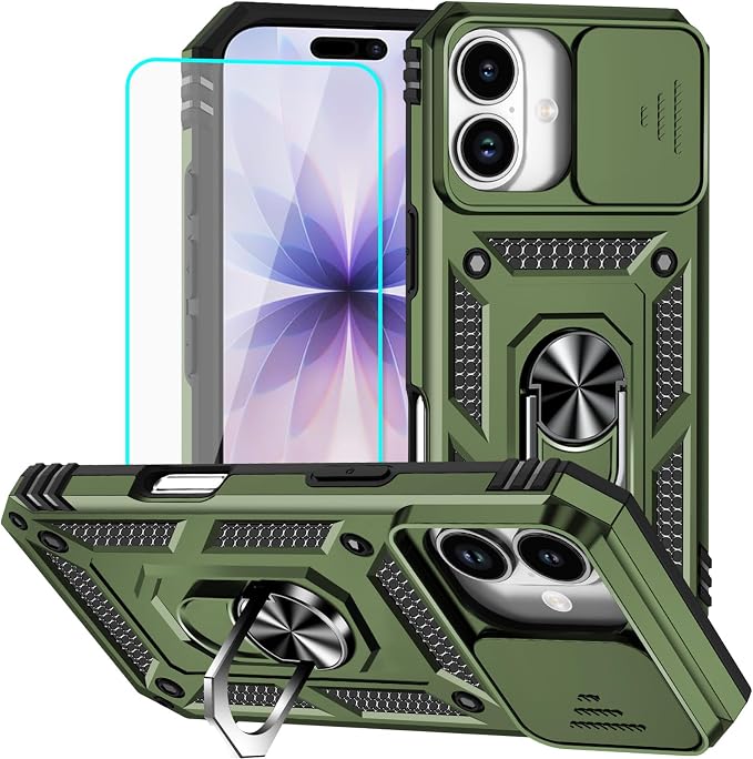HNHYGETE for iPhone 17 Case with Screen Protector: [Military Grade 20ft. Drop Tested] Slide Camera Cover Ring Shockproof Protective Phone Case for - iPhone 17 (Army Green) by HNHYGETE
