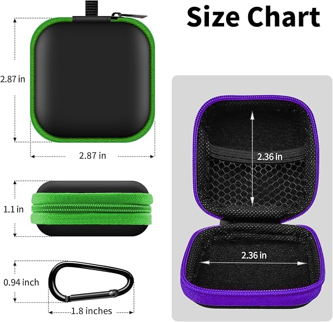 2 Pack Square Earbud Case Storage Bag with Carabiner, Purple/Green | Portable EVA Carrying Case, For Wired/Wireless Headphones, SD Card Storage, Camera Chip - Image 7