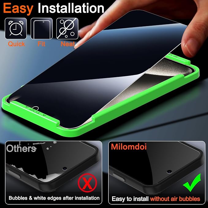Milomdoi Privacy Screen Protector for iPhone 15 Pro Max, Tempered Glass | 3+3 Pack, 9H+ Hardness, Camera Lens Protector, Military Grade Shatterproof, Easy Installation, No Bubbles, Case Friendly - Image 5