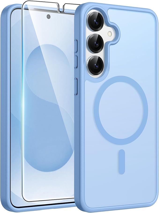 FNTCASE for Samsung Galaxy S25/S24 Plus Case, Fit Magsafe, Screen Protector | Translucent Matte Magnetic Back, 14FT Military Grade Drop Protection, Shockproof Protective Phone Cover, Light Blue by FNTCASE