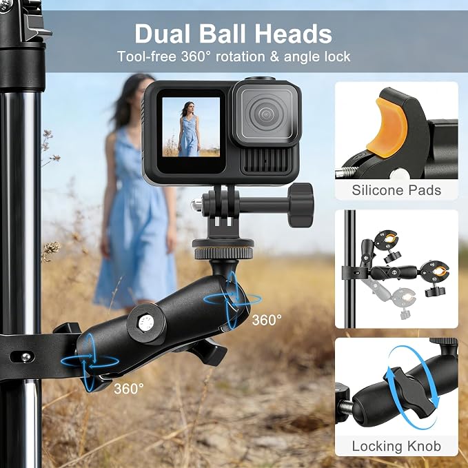 Double Super Clamp Mount with 360° Magic Arm Dual 1" Ball Mount Adapter, Multi-Functional Crab Clip, Umbrella Holder Camera Pole Bracket for Tripod Rod Monitor Magic Light Stand Motorcycle Accessories - Image 4