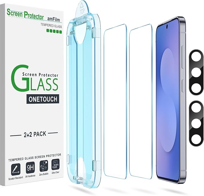 amFilm OneTouch for Samsung Galaxy S25 FE Screen Protector Tempered Glass | Auto-Alignment, 30s Install, Bubble Free, Scratch & Drop Protection, HD Clear, Camera Lens Protector, 2+2 Pack (S25E-6.7'') by amFilm