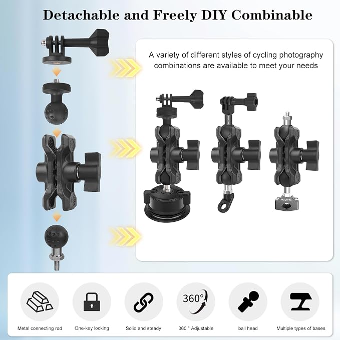 Camera Mount with 360°Dual Ball Head, Motorcycle Handlebar Mounting Bundle Kit for lnsta360 X5/X4/X3/X2/Gopr01/4-20 & Tripod Adapter, Action Camera Mount Adapter for M6 Hole Base,75017 - Image 3
