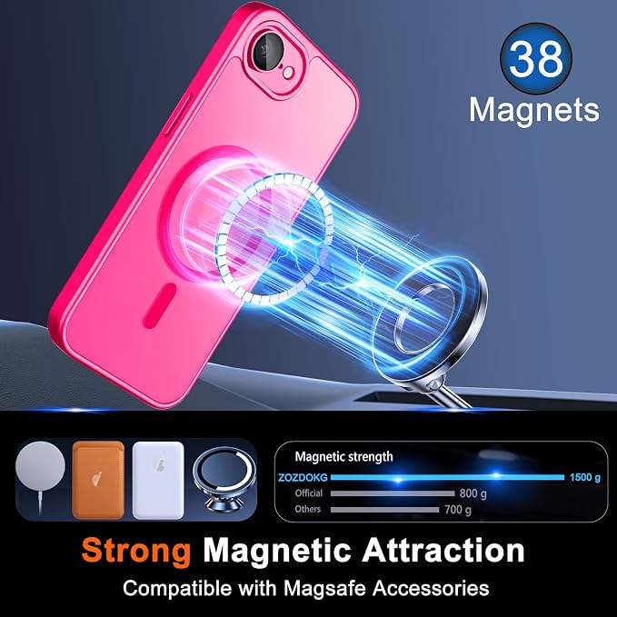 Magnetic for iPhone 17e Case & iPhone 16e Case, Hot Pink | Full Camera Protection, with Privacy Screen Protector, Compatible with MagSafe, Matte Shockproof Phone Cover for 17 e / 16 e - Image 3