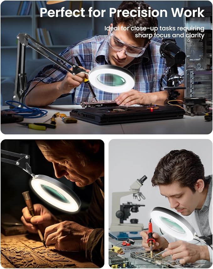 UBeesize 10X Magnifying Glass with Ring Light and Clamp for Desk | 10X Magnification | 3 Color Modes | Dimmable Brightness | Suitable for reading, crafts, sewing, and repair - Image 3