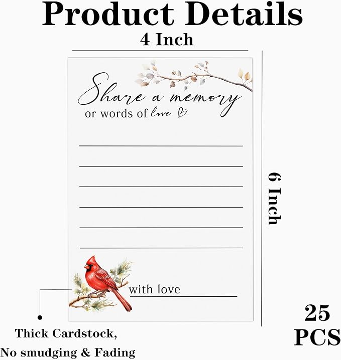 Share a Memory Cards - Share Words of Love - Keepsake Funeral Card, Guest Book Alternative, Cardinal Memory Cards for Funeral Memory Books and Boxes, Memorial Service Decorations - Image 2