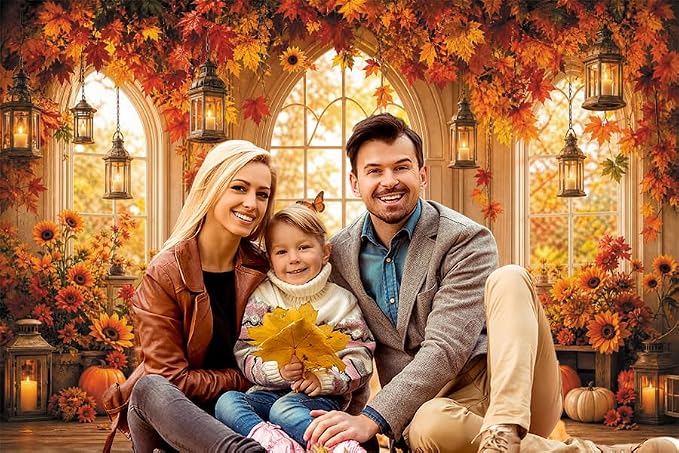 Fall Butterfly Floral Backdrop for Photography 12x8ft Autumn Window Pumpkin Maple Flowers Backdrop Thanksgiving Theme Background Birthday Party Decorations Photo Booth Props Vinyl - Image 6