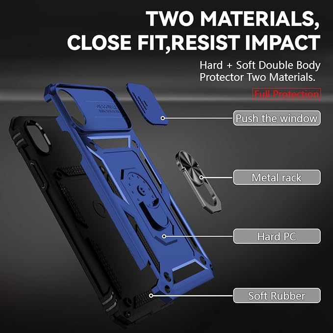 HNHYGETE for iPhone XR Phone Case with HD Screen Protector: [Military Grade 20ft. Drop Tested] Slide Camera Cover Ring Shockproof Protective Phone Case for - iPhone XR (Blue) - Image 5