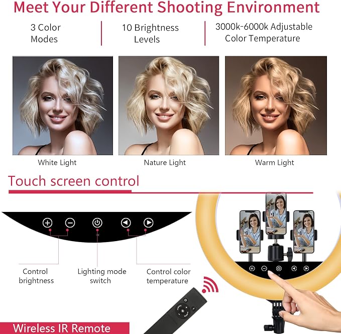 Upgraded 18 inch LED Ring Light with Tripod Stand, Selfie Ring Light with Touch Panel for Makeup Studio Portrait YouTube Vlog Video Shooting with Carrying Bag and Remote Controller, CRI>90 - Image 2