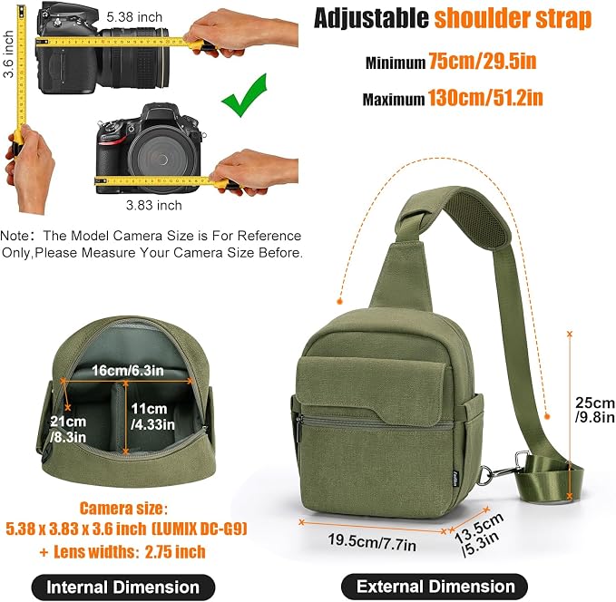 Cwatcun Sling Camera Bag Canvas, Compact Crossbody Case with Rain Cover | Fits 1DSLR+1lens +7.9"iPad +6.1"phone. Travel Photography Bag for Canon, Nikon, Sony, Fuji DSLR/SLR/Mirrorless Cameras, Lens - Image 6