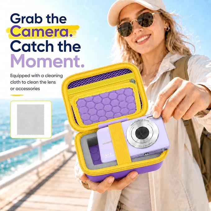 Comecase Digital Camera Case for Kodak FZ55/FZ45, Purple&Yellow Zipper | Hard EVA Shell, Padded Divider and 2 SD Card Slots Organize a Compact Camera, Charger and Cable for Travel. Case Only. - Image 7