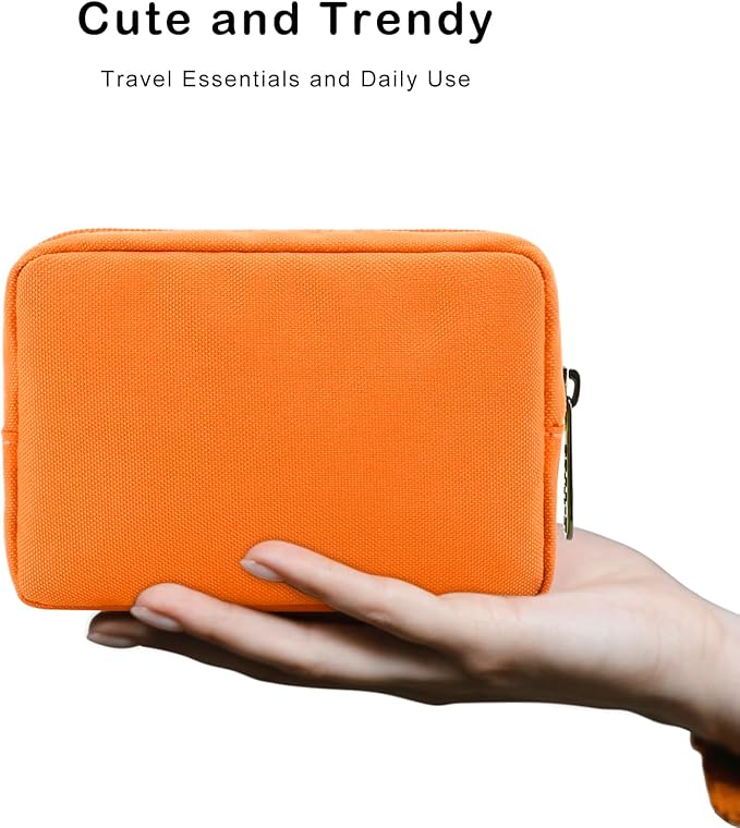 E-Tree Cute Small Makeup Bag,Cosmetic Toiletry Make up Skin Care Little Items Pouch for Purse,Zipper Mini Tech Charger Cable Electronic Organizer Case,Travel Accessories for Women Men Teen,Orange - Image 4