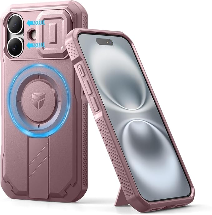 Dexnor for iPhone 16 Case with Slide Camera Cover & Adjustable Kickstand, Magnetic Rugged Shockproof Bumper Cases Heavy-Duty Magnetic Protective Cover,Peony Pink by Dexnor