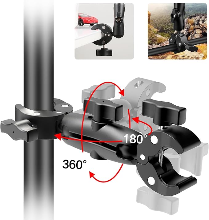 Double Mount Clamp for Action Camera, PULUZ Super Clamp Adapter Double Head Multifunction Holder for Motorcycle, Photography Light Fixture Bracket,Umbrella,Selfie Stick,Reflector - Image 4