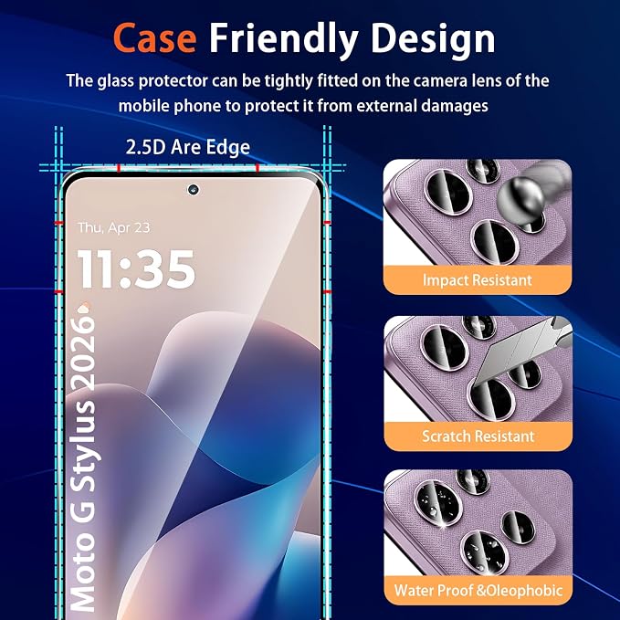 (3+2 Pack) Designed for Motorola Moto G Stylus 5G 2026 Tempered Glass Screen Protector + Camera Lens Protector,[3D Touch][Bubble-Free][Anti-Scratch] Screen Protector Glass For Motorola G Stylus 2026 - Image 6