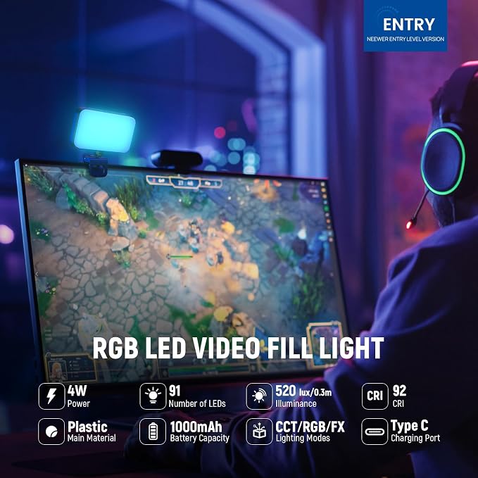 NEEWER Entry Level Version LED RGB Selfie Light, 91 LEDs Plastic Clip on Phone Fill Lighting for iPhone, 20 Effects CRI92 1000mAh, for Computer Webcam Laptop Zoom Video Conference Recording, N6C - Image 3