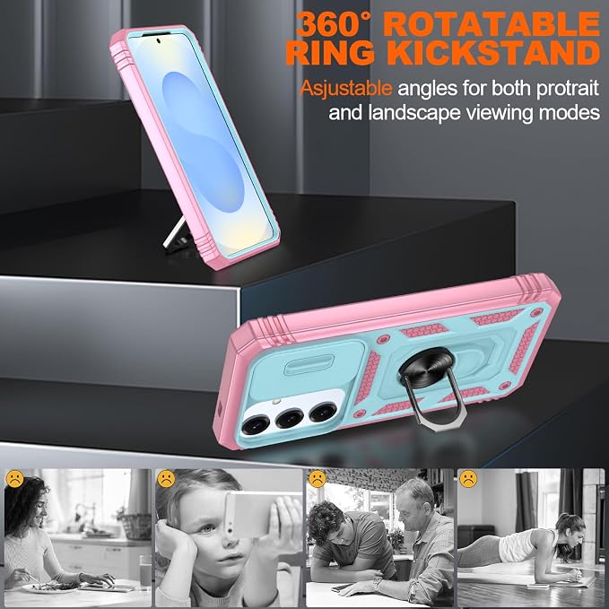 Gritup Fit for Samsung Galaxy S25 Case with Slide Camera Cover | 2 Pcs Screen Protector, Build in 360° Rotating Ring Kickstand, Military Grade Protective Phone Case, Green+Pink - Image 7