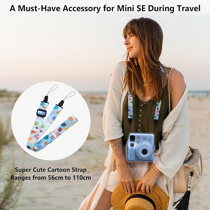 Fuji Mini SE Clear Case, Hard PC Protective Case for Instax Mini SE Instant Camera with Cute Cartoon Sticker & Adjustable Shoulder Strap - Blue Beach Sea - Image 6