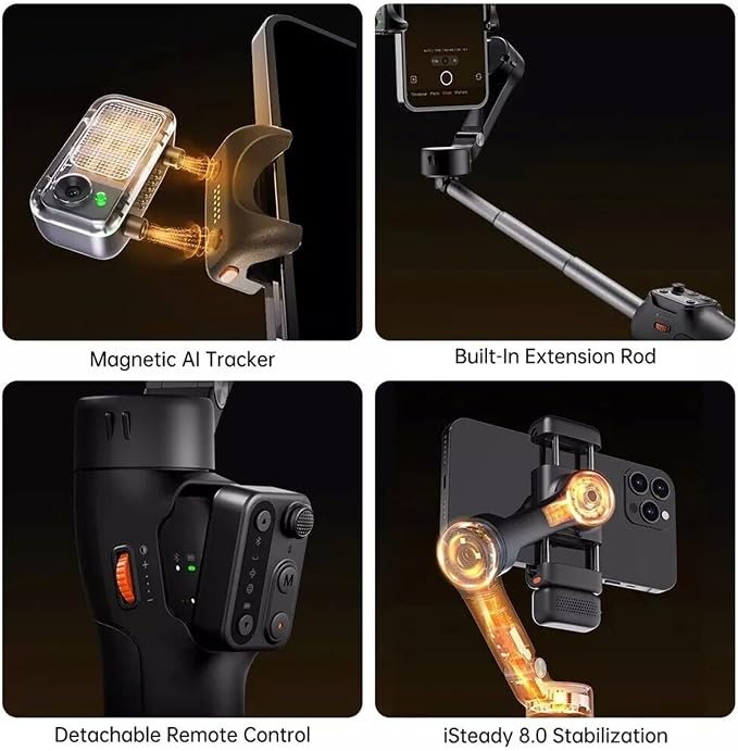 Hohem iSteady V3 Gimbal Stabilizer, Magnetic AI Tracking, Removable Remote, 3-Axis Smartphone Gimbal with Built-in Telescopic Rod and Tripod, Perfect for Content Creators(Black) - Image 7