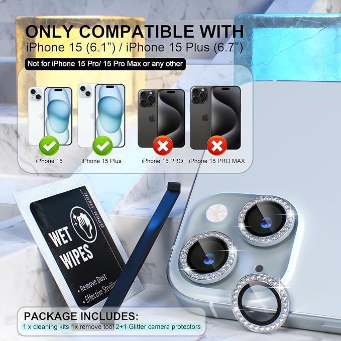 Choiche for iPhone 15/15 Plus Camera Lens Protector Bling, Diamond-Silver | Ultra HD, 9H Tempered Glass Camera Cover Screen Protector Metal Individual Ring Decoration Accessories, 2-Lens, 6.1/6.7-inch - Image 2