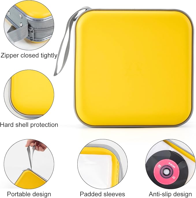 alavisxf xx CD Case, 48 Capacity Hard Plastic Zipper Disc Wallet for Car | Portable Hand Strap, Zipper Closure, Anti-Slip Scratch-Resistant Sleeves, DVD Storage Organizer, for Home Office Travel - Image 3