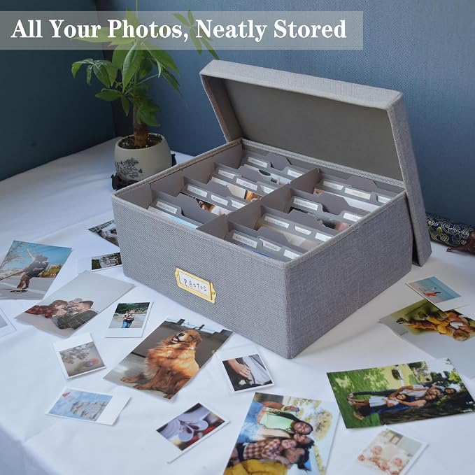 Linen Photo Storage Box – Holds 1700 Photos, Photo Organizer with Lid for Photo, Pictures, 24 Adjustable Dividers & 72 Labels Multi-Use Organizer Memory Box for Envelopes, Baby, Wedding, Cards Grey - Image 2