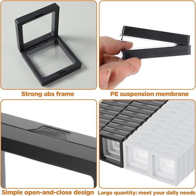60 Pcs 3D Floating Display Case 2.8 x 2.8 x 0.8 Inch Coin Frame Display Holder Stands for Antique Challenge Coins, Jewelry, Shells, Gems, Minerals, Rocks, Specimen, Pins(Black,White) - Image 5