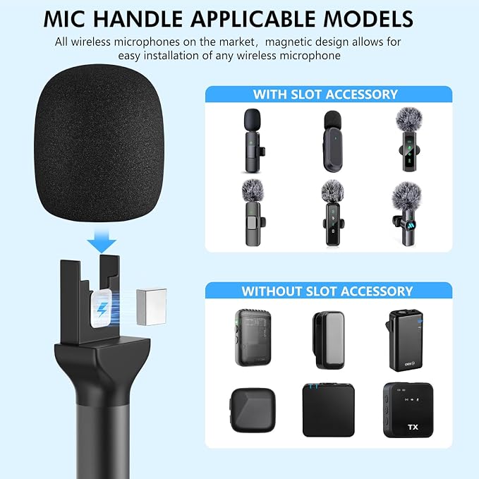 Handheld Adaptor for Interview Mic, 2 Packs Wireless Mic holders for DJI/Rode/Hollyland Lark Lavalier, Universal Magnetic Microfono Stand with Foam Windshield & Flag Station for Interview/Vlogging - Image 2