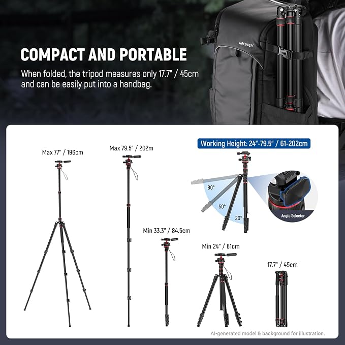 NEEWER BASICS Camera Tripod Monopod, 77" Compact Lightweight Travel DSLR Video Stand 360° Ball Head, Arca Type QR Plate, Reversible Legs, Inverted Central Axis & 2 Cleaning Cloths, 13lb Max Load, TP08 - Image 3