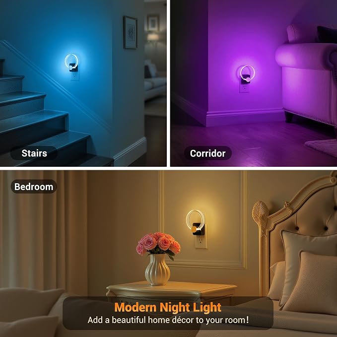 JandCase Night Light, 2 Pack Color Changing Night Lights Plug into Wall | RGB Nightlight with Light Sensor, 180° Rotatable Plug in Nightlights, Dimmable Ring Acrylic Night Light for Kids Gift Hallway - Image 6