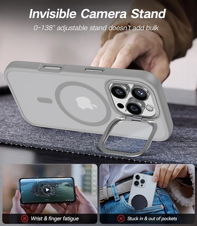 VOFATA [Upgraded] for iPhone 16 Pro Max Case with Camera Cover Stand [Fit for MagSafe][9H Camera Lens Protector] Mil-Grade Protection Translucent Magnetic iPhone 16 Pro Max Phone Case, Grey - Image 3