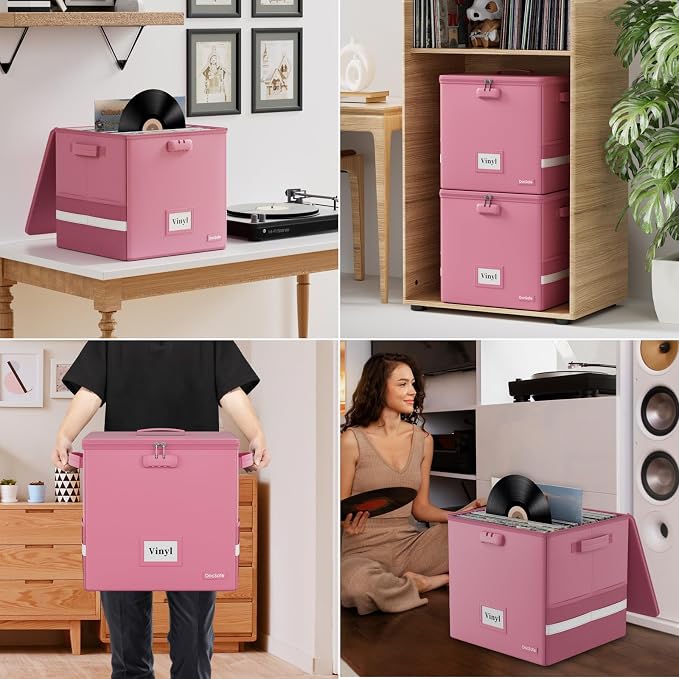 DocSafe Vinyl Record Storage Box with Lock, Fireproof＆Water Resistant Record Organizer for 100+ Single Records(12-inch), Collapsible Storage Crate with Lid&Handles for Valuable Album Collection,Pink - Image 5