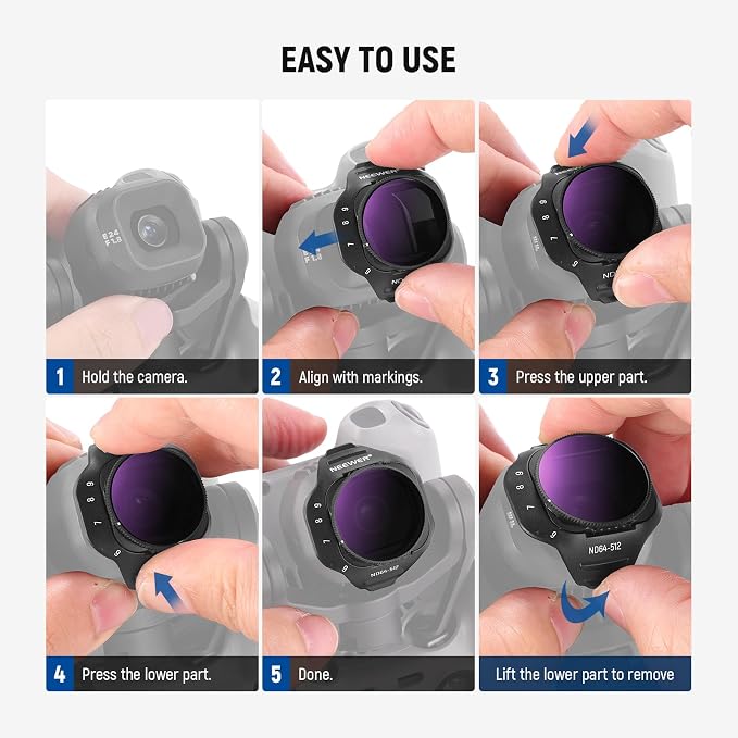 NEEWER Variable ND Filter Set Compatible with DJI Mini 5 Pro Drone Camera (ND2-32 + ND64-512), Snap On Adjustable Neutral Density Multicoated Optical Glass Lens Filter Photography Accessories, 2 Pack - Image 8