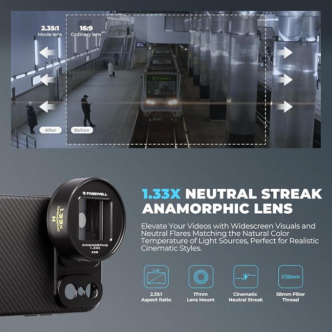 Freewell Neutral Streak 1.33x Anamorphic Lens with 17mm Mount Phone Case | Cinematic Wide-Screen Lens with Natural Light Streak Effect, Perfect for Night Cityscapes, Filmmaking - Image 2