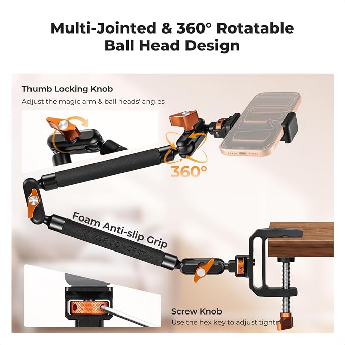K&F CONCEPT 22" Magic Arm with Desk C-Clamp, Overhead Desk Camera Mount | Long Articulating Friction Boom Arm for Phone, Action Camera, LED Light, Microphone, MS39 - Image 2